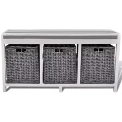 VIDAXL Sitzbank Kommode Truhenbank Kissen + 3 Körben Weiß