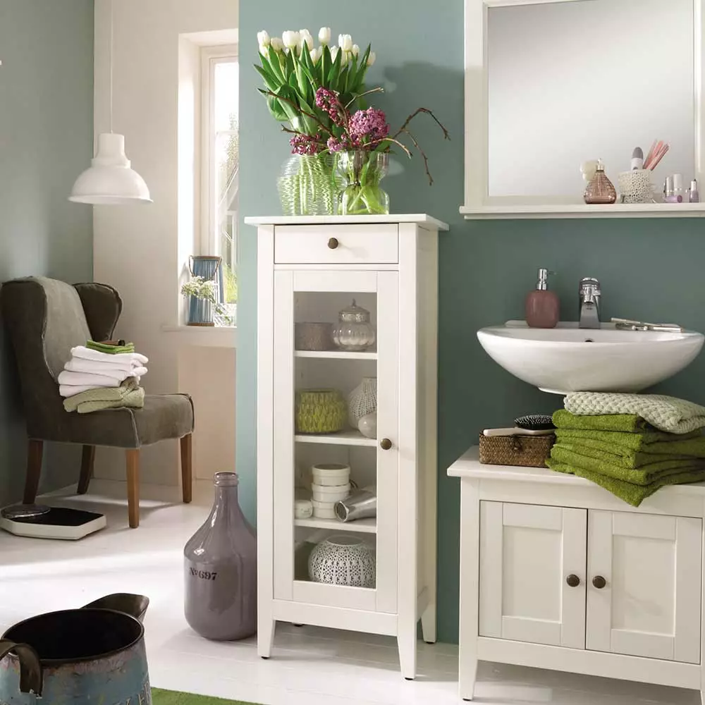 Titelseite -Vidaxl Verkäufe badezimmer schrank erreys aus kiefer massiv weiss lasiert mit glastuer 04