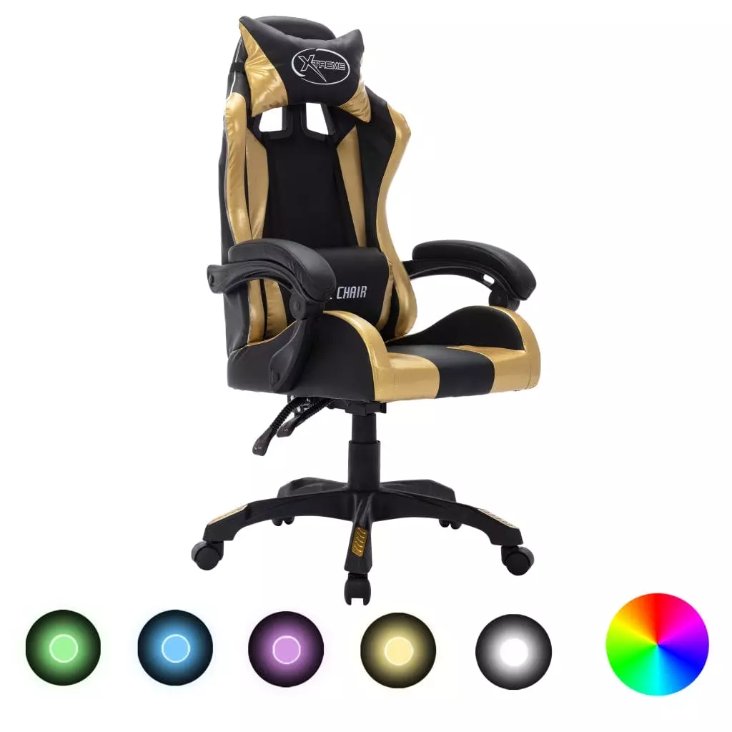 VidaXL Gaming-Stuhl Mit RGB LED-Leuchten Gold Und Schwarz Kunstleder 3 VidaXL Gaming-Stuhl Mit RGB LED-Leuchten Gold Und Schwarz Kunstleder